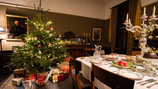 The historic Dining Room at Llanerchaeron decorated for Christmas, Llanerchaeron, Ceredigion